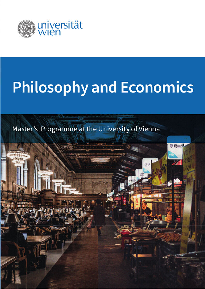 Brochure for the MA Philosophy & Economics with the poster on the cover, showing books in a library and a market. 